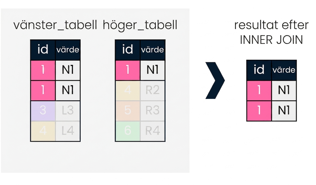 Ett diagram med två tabeller, vänster och höger. Till höger visas resultatet av en INNER JOIN på de två tabellerna.