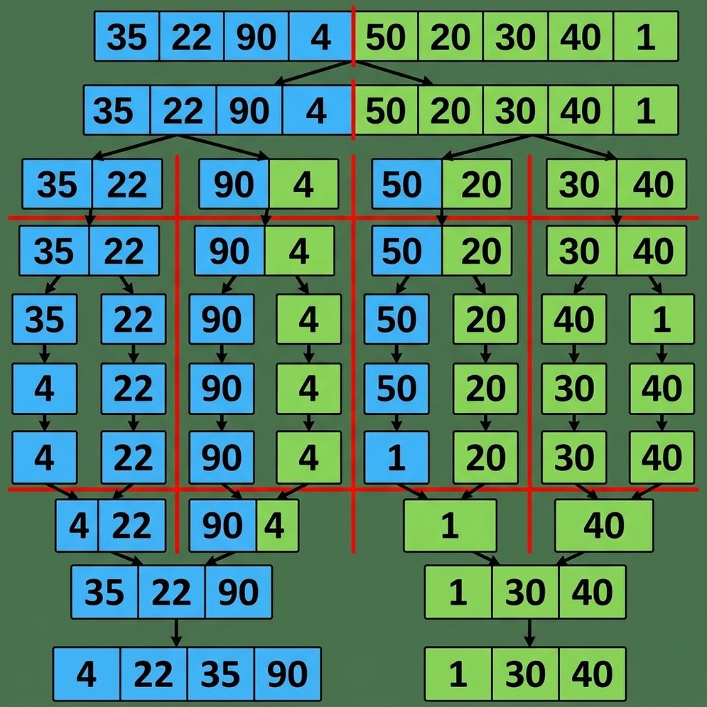 En schematisk representation av en lista med osorterade tal. Elementen från de senast delade listorna har slagits ihop och ordnats.