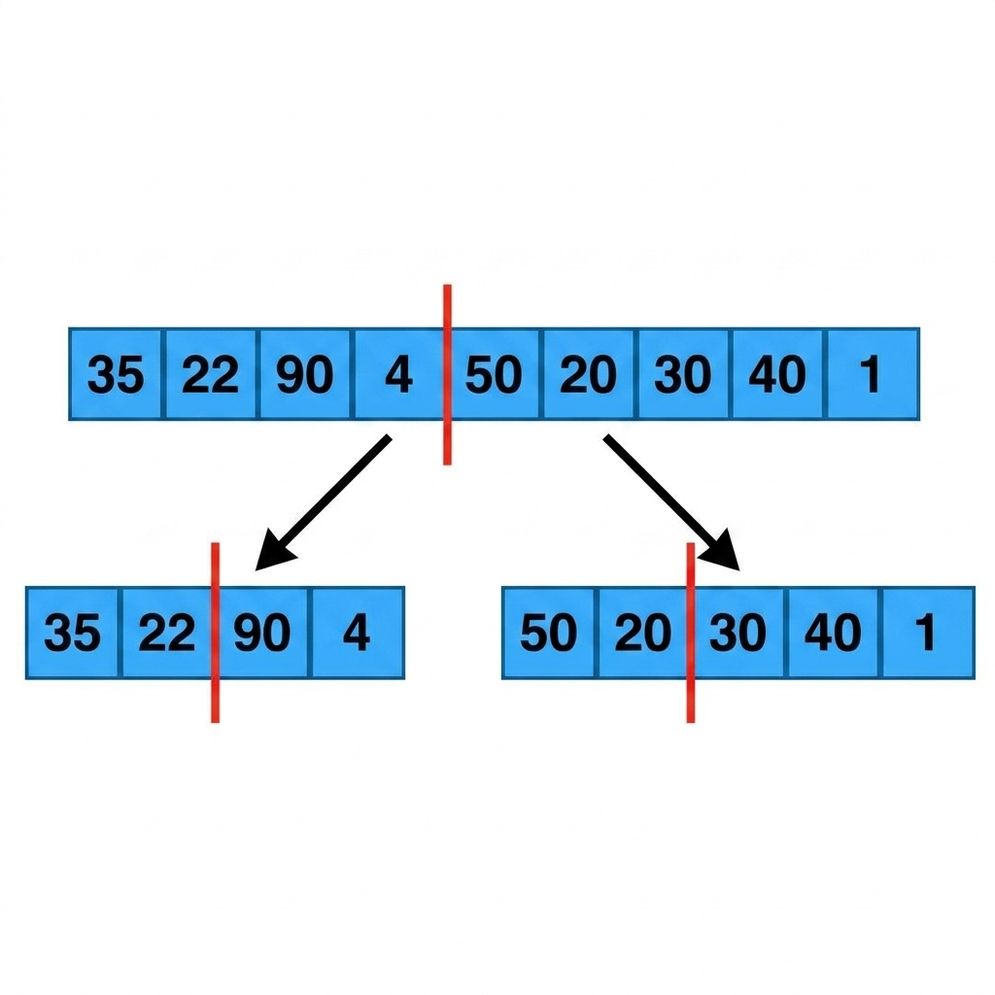 En schematisk representation av en lista med osorterade tal. De nya listorna har delats upp i två delar.