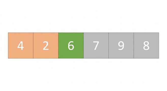 En schematisk bild av en lista med oordnade tal. Det tredje elementet är markerat i grönt och de två första elementen i orange, vilket representerar listans vänstra del.