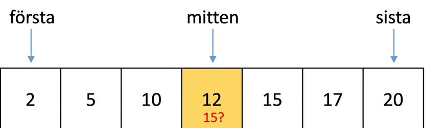 Schematisk bild av en lista med sorterade tal. En variabel kallad first pekar på listans första position, en variabel kallad last pekar på den sista positionen och en variabel kallad middle pekar på mittenpositionen. Talet 12 befinner sig i mittenpositionen och är markerat i gult.