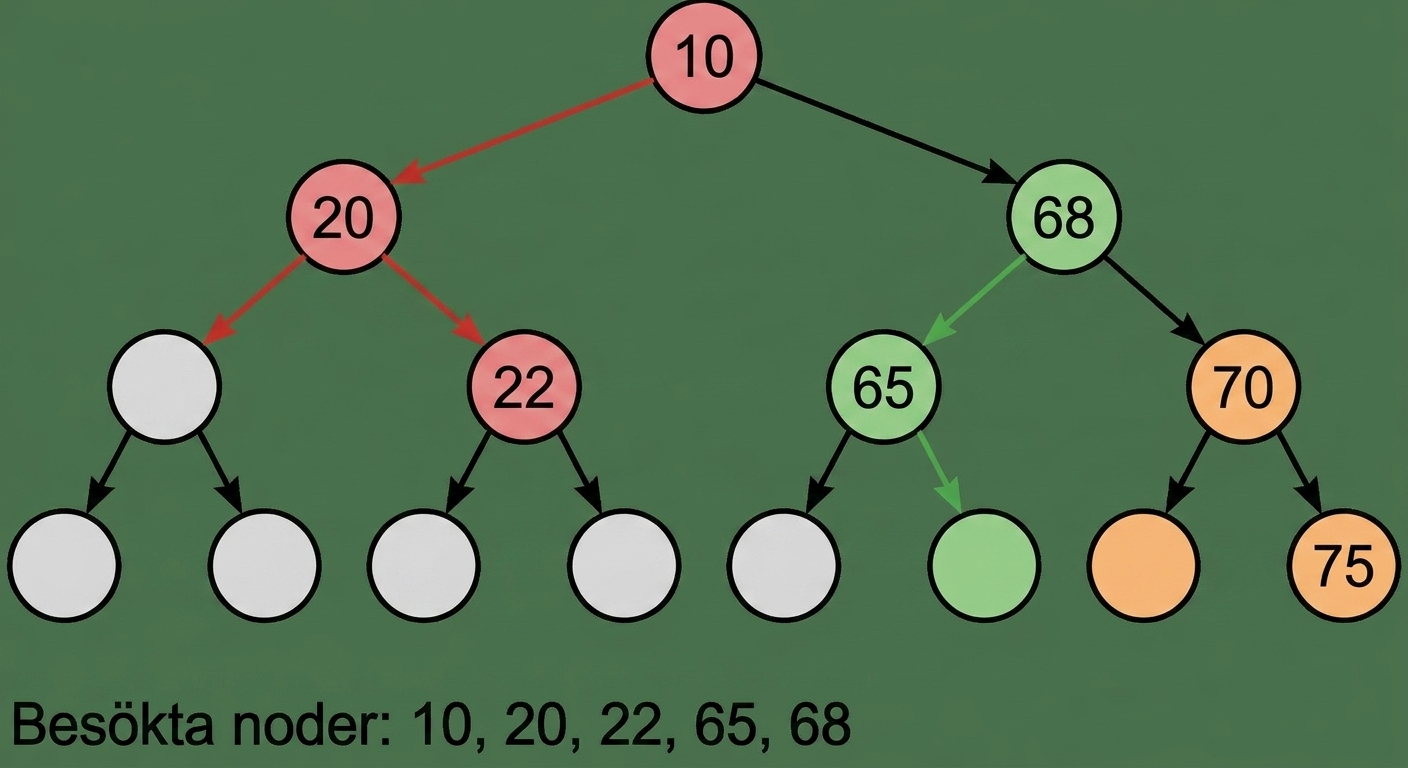 Grafisk representation av in-order-traversering över ett binärt sökträd.