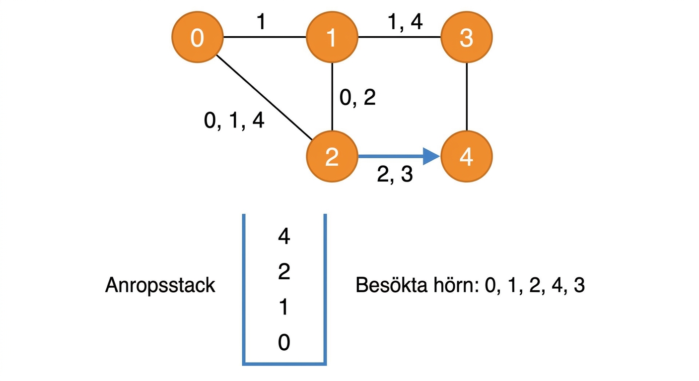 Grafisk representation av djupet-först-sökning över en graf.