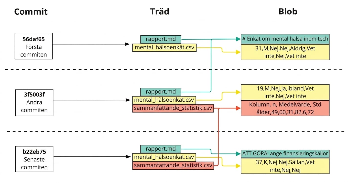 Diagram som visar tre commits, med de committade filerna som del av trädet, och varje fil länkad till blobben från den senaste commiten