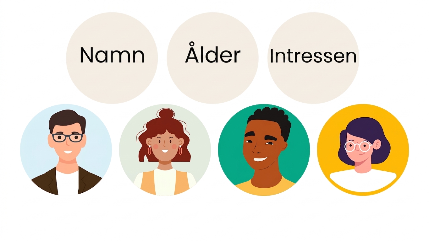 Fyra avatarer av personer och tre cirklar med namn, ålder, intressen