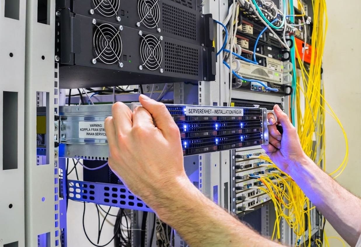 Installation av en ny server i ett rack med datorutrustning.