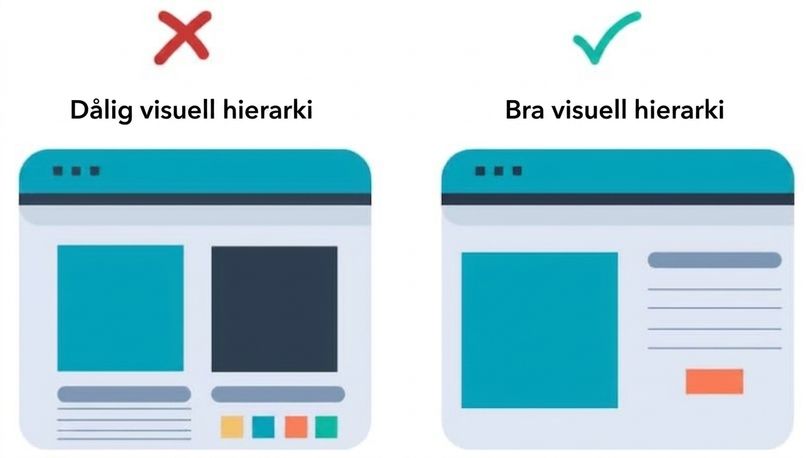 dålig visuell hierarki visas med en webbplats full av element utan inbördes vikt, medan god visuell hierarki använder färg, storlek och rumsliga relationer som underlättar förståelsen