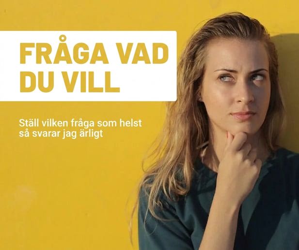 kvinna som tänker noggrant, bredvid frasen Ask me Anything
