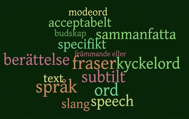 ett ordmoln visar berättarens ord i olika färger och slides