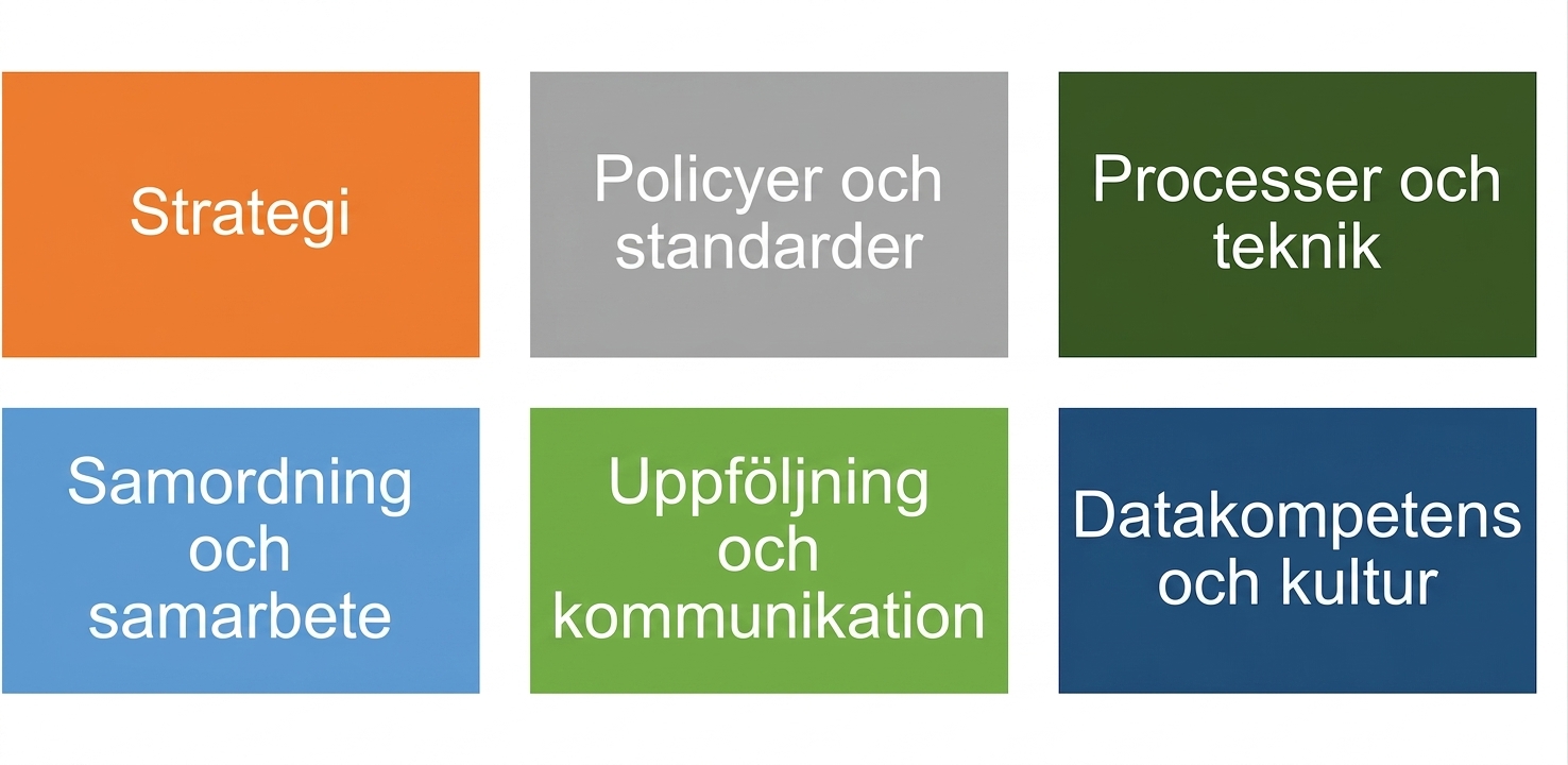 En uppsättning färgade rutor märkta med de sex komponenterna i ramverket för datastyrning