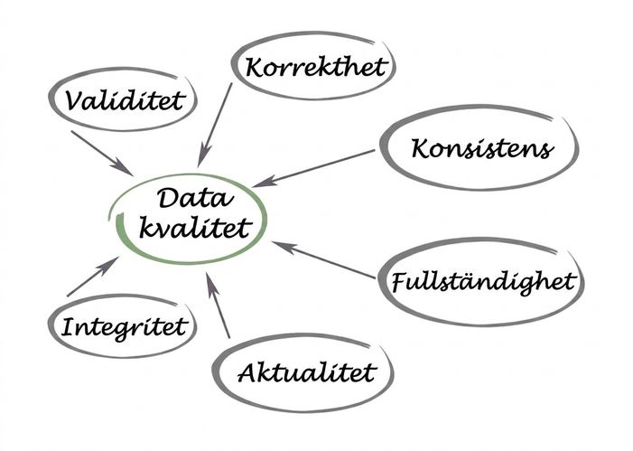 Ett diagram med datakvalitet i centrum och giltighet, noggrannhet, konsekvens, fullständighet, aktualitet och integritet som pekar mot centrum