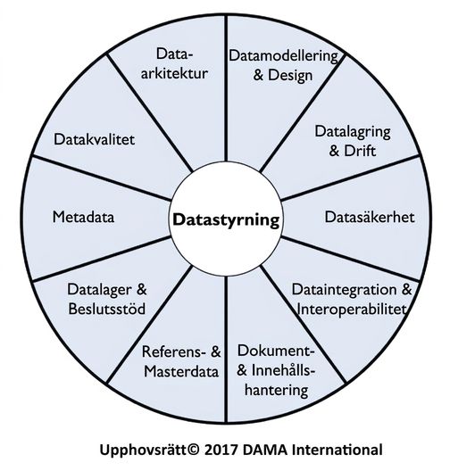 Bild av DAMA Data Management Body of Knowledge-hjulet som visar de tio olika kunskapsområdena inom datahantering.
