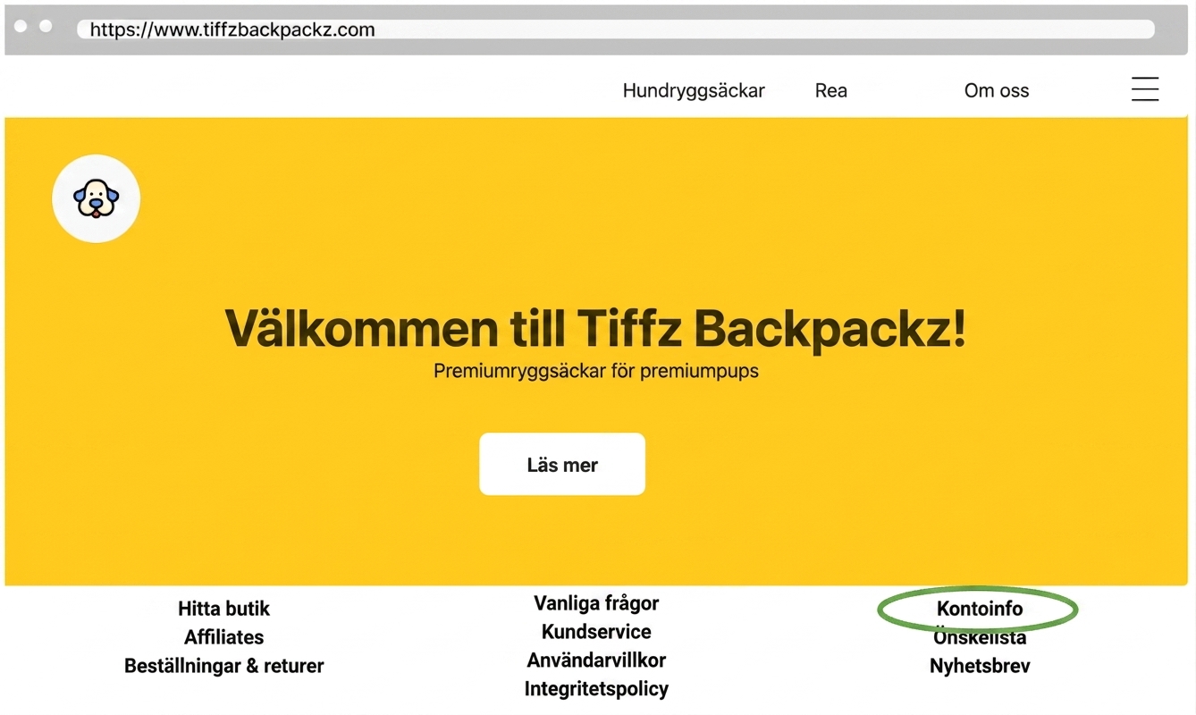 Tiffz Backpackz kontoinformation på landningssidan