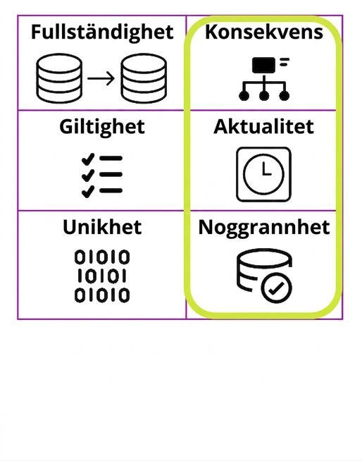 tabell med de sex datakvalitetsdimensionerna där konsekvens, aktualitet och noggrannhet är markerade
