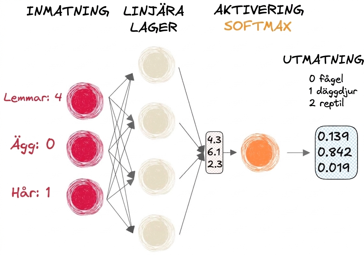 Diagram över en del av ett neuralt nätverk med indata, en vektor som utdata till de linjära lagren, en softmax-aktiveringsfunktion och ett slutresultat