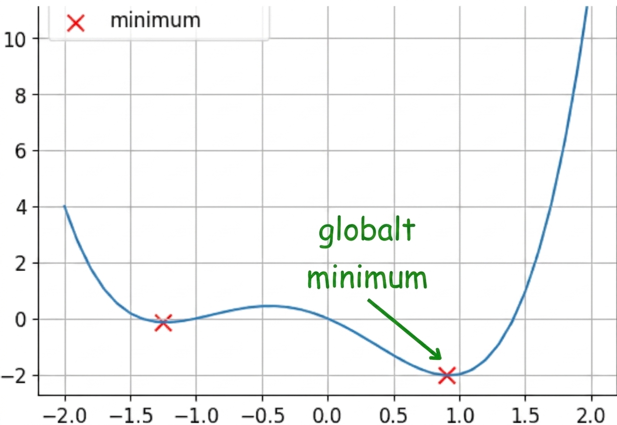 exempel på en icke-konvex funktion med globalt minimum markerat