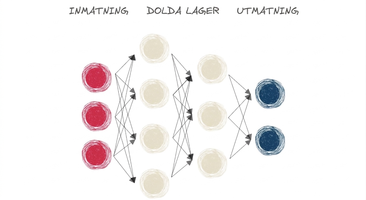 Ett diagram som visar ett neuralt nätverk med ingångs-, dolt lager och utgång