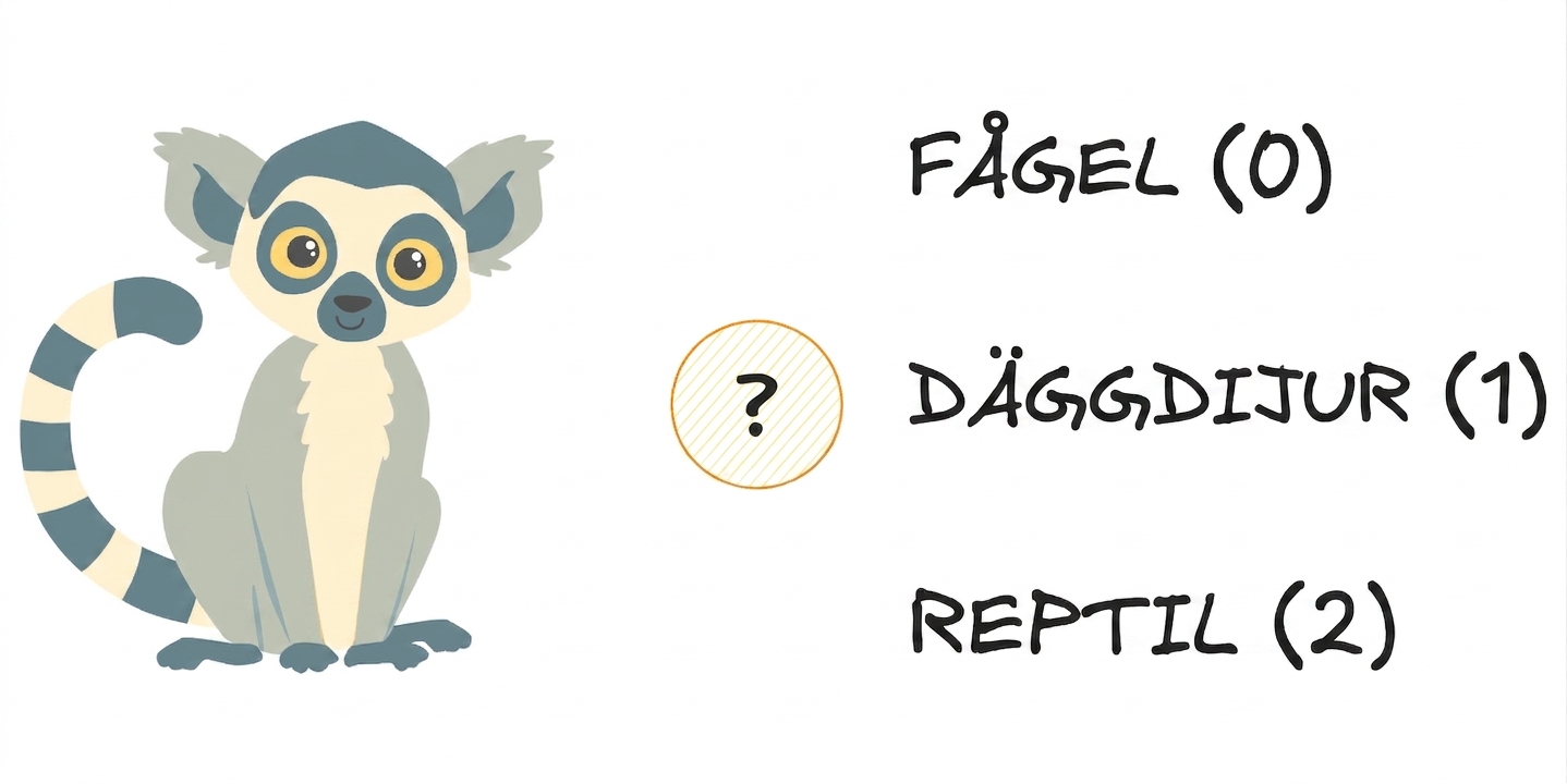 En lemur med tre alternativ: fågel, däggdjur eller reptil