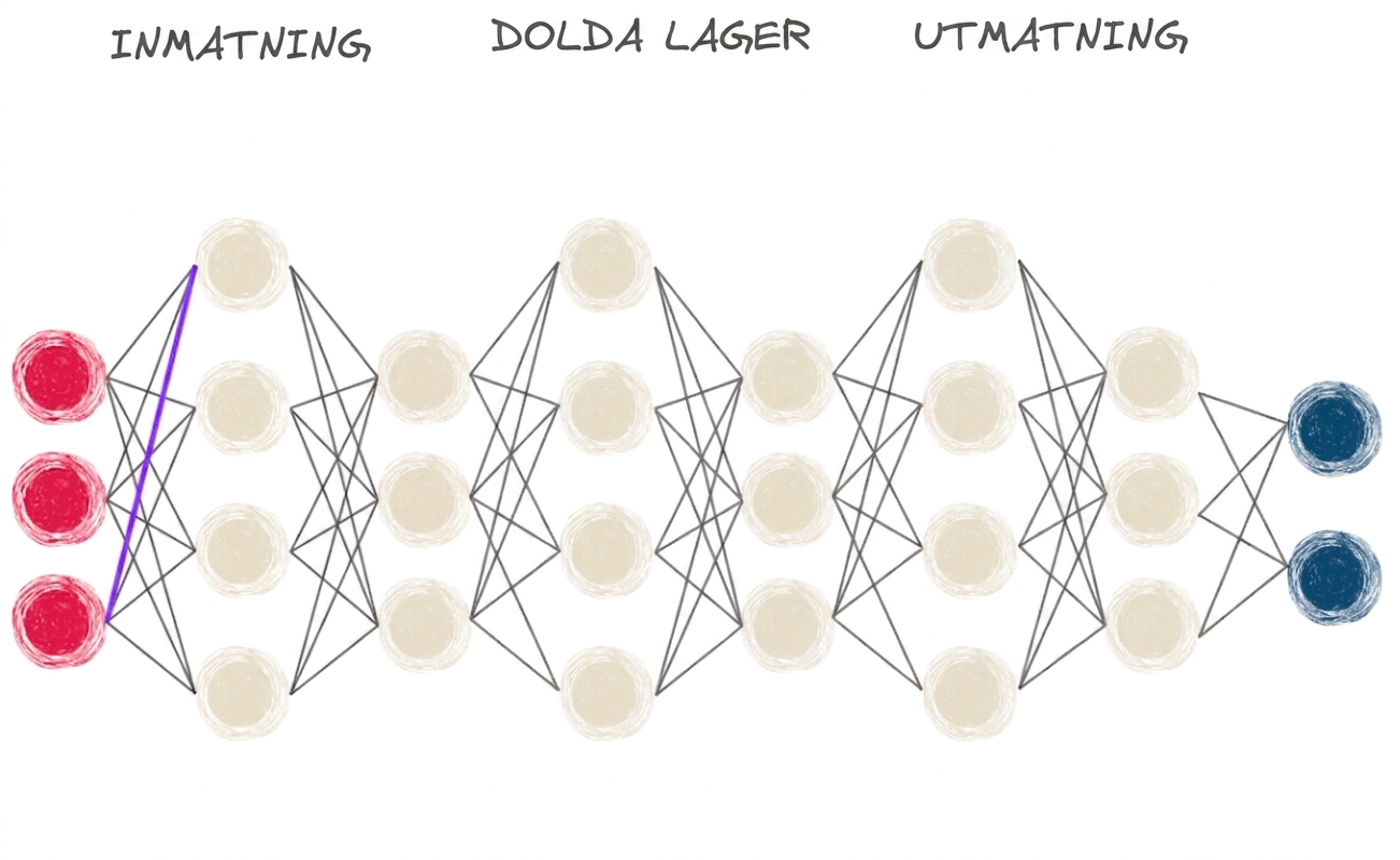 Ett diagram över ett neuralt nätverk med flera lager