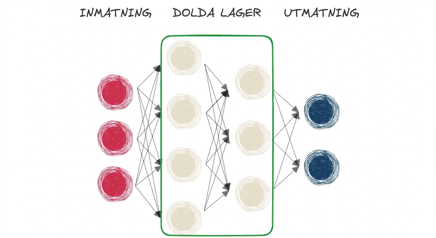 Ett diagram som visar ett neuralt nätverk med ingångs-, dolt lager och utgång