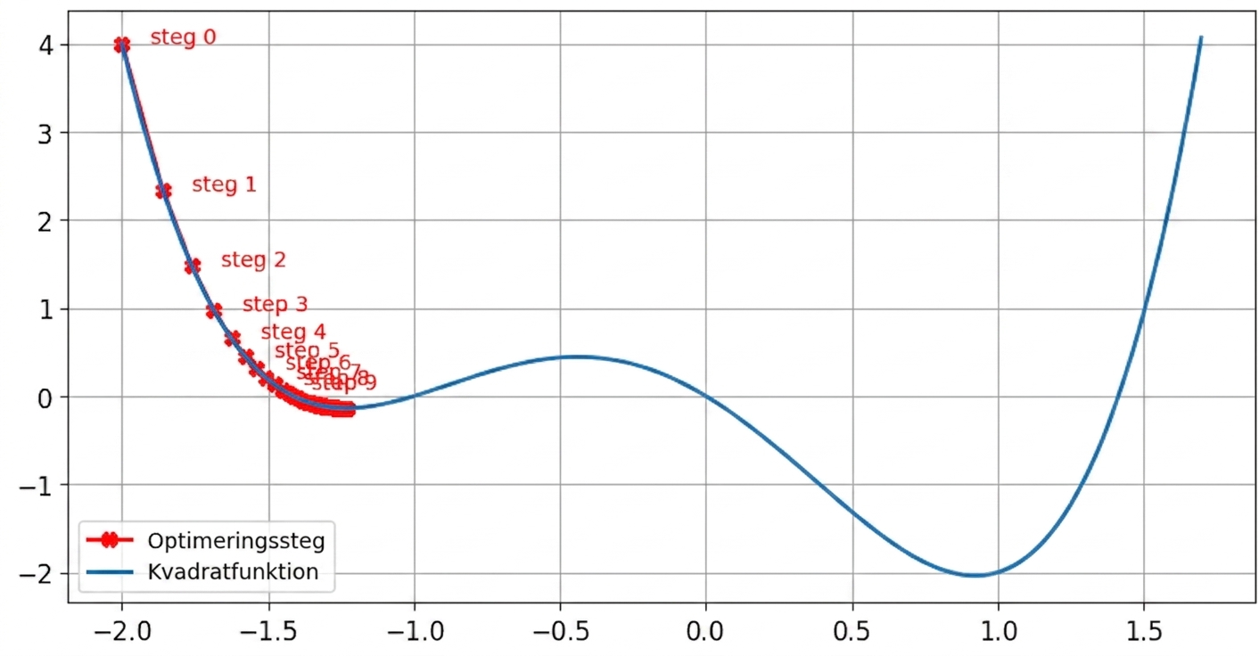 ett exempel på optimeraren som fastnar i ett lokalt minimum