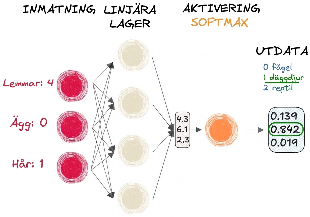 Diagram över en del av ett neuralt nätverk med indata, en vektor som utdata till de linjära lagren, en softmax-aktiveringsfunktion och ett slutresultat