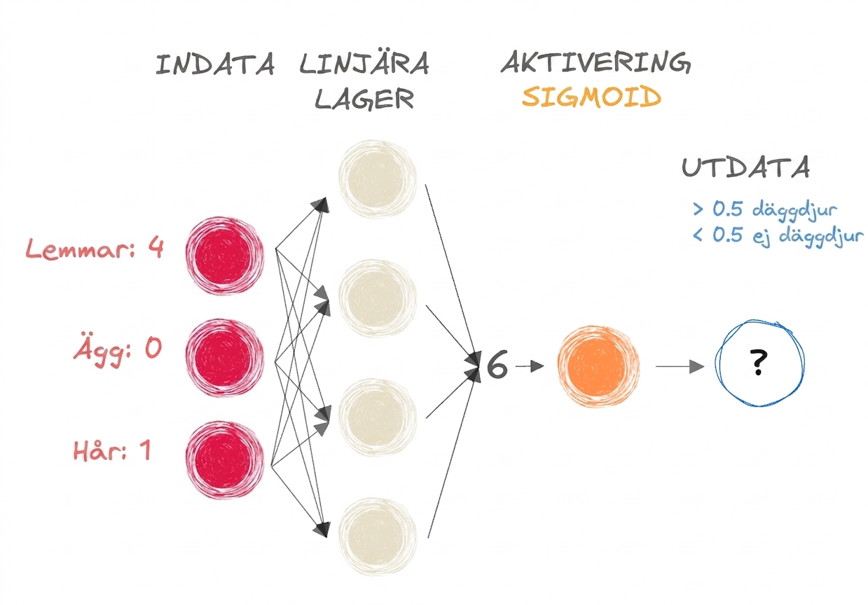 Diagram över en del av ett neuralt nätverk med indata, siffran 6 som utdata till de linjära lagren, en sigmoid-aktiveringsfunktion och ett slutresultat