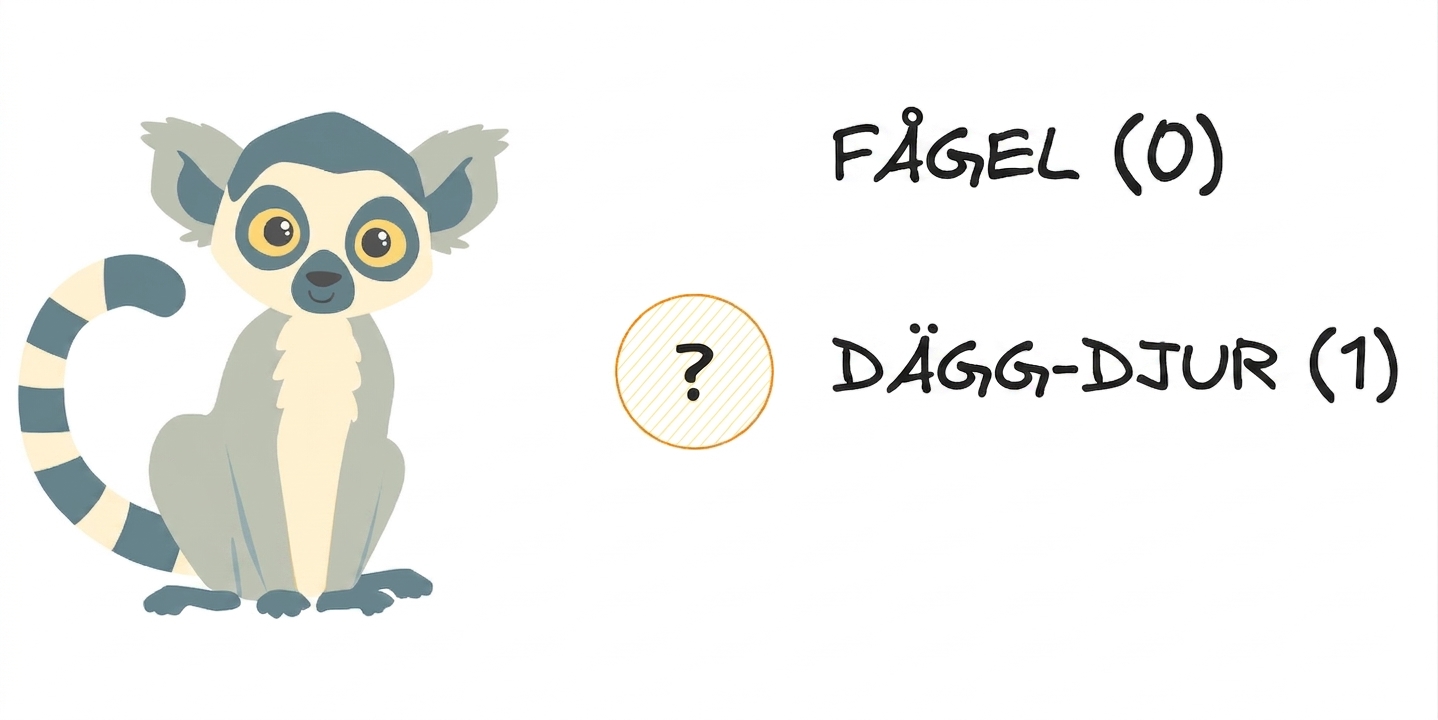 En lemur med alternativen "fågel" och däggdjur