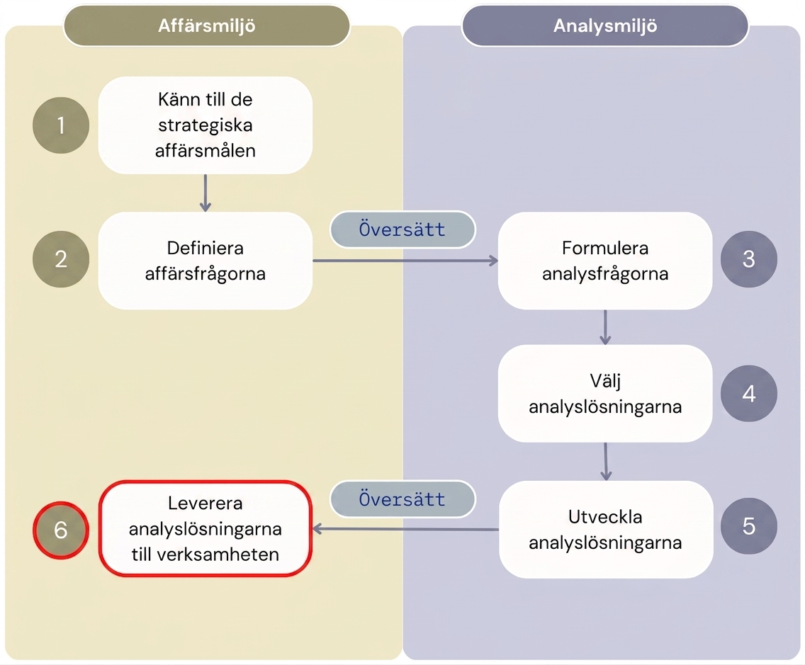 Diagram som visar alla sex steg i arbetsflödet "Värde från analys", med tydlig uppdelning mellan affärsmiljön och analysmiljön.