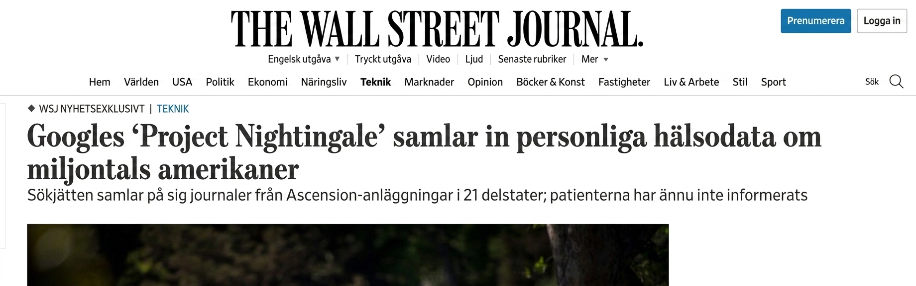 Skärmbild av WSJ:s rapportering om Googles projekt Nightingale