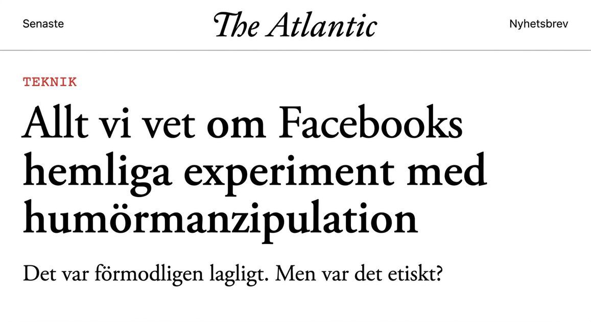 Skärmbild av en artikel i The Atlantic om Facebooks manipulativa sociala experiment.