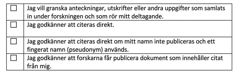 Skärmdump av ett samtyckesformulär med olika alternativ för direktcitat.