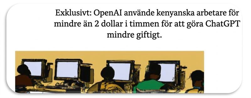 Skärmbild av en artikel i TIME om hur kenyanska arbetare utnyttjades vid datarensning och datamärkning för att förbättra ChatGPT.