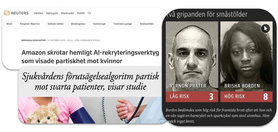 Ett collage med nyhetsartiklar om diskriminering i AI-algoritmer.
