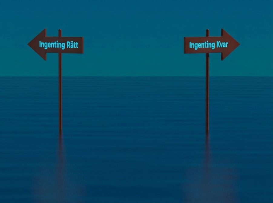 Illustration av två motstående skyltar i ett hav som symboliserar komplexiteten i etiska beslut, ingen attribution krävs.
