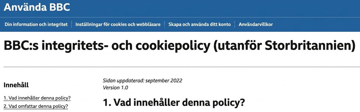 Skärmbild av BBCs integritetspolicy.