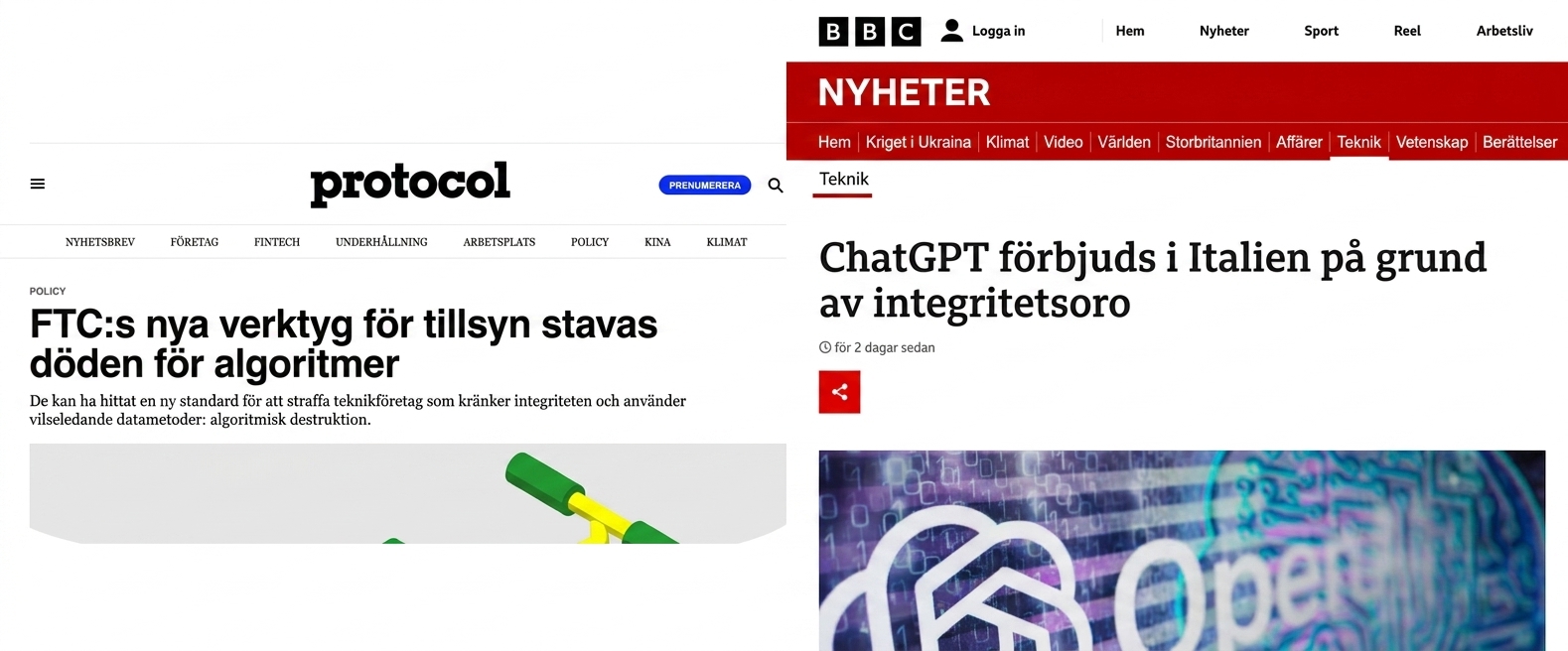 Skärmbilder av nyhetsartiklar om hur amerikanska FTC och italienska myndigheter bötfällt företag för bristfällig datahantering.