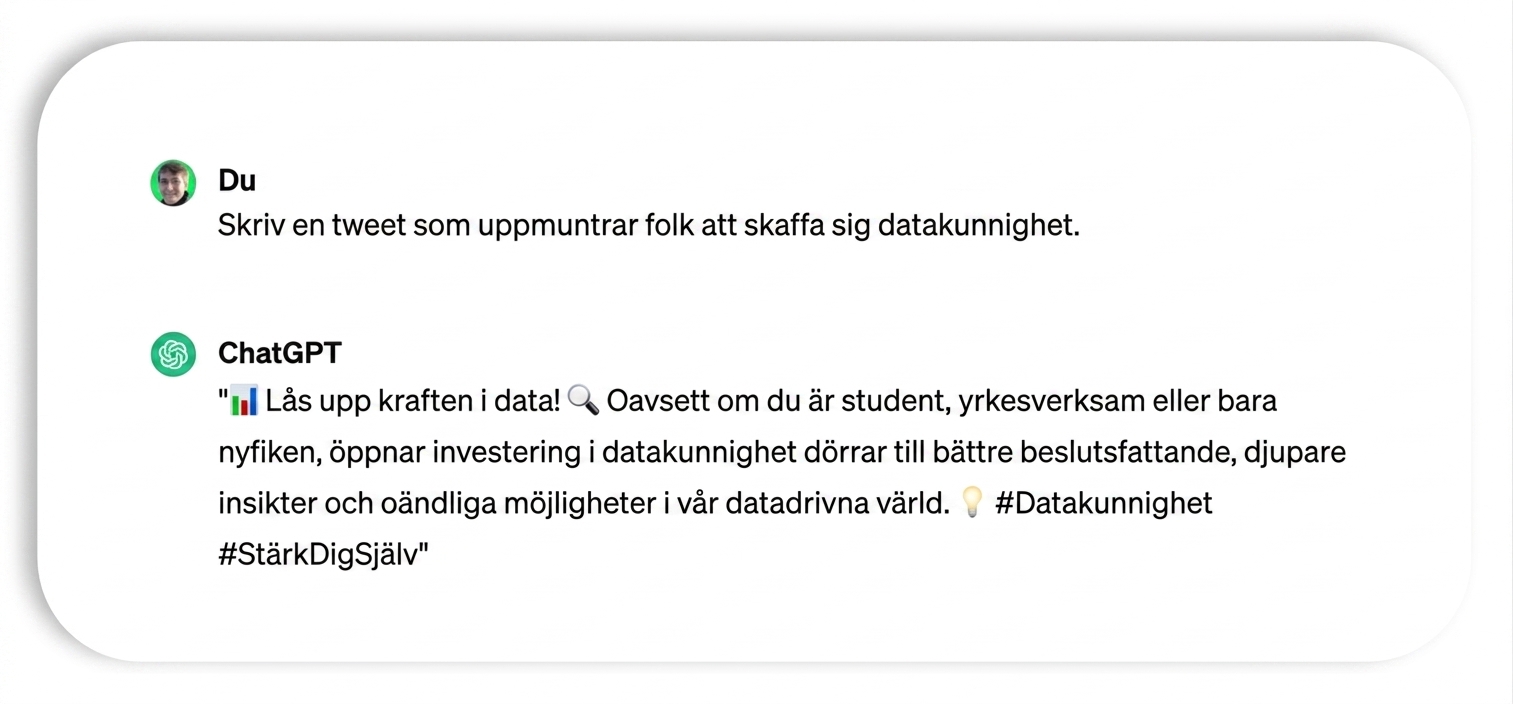 En ChatGPT-genererad tweet som lyder: " Unlock the power of data! Whether you're a student, professional, or simply curious, investing in data literacy skills opens doors to better decision-making, deeper insights, and endless opportunities in our data-driven world. #DataLiteracy #EmpowerYourself"