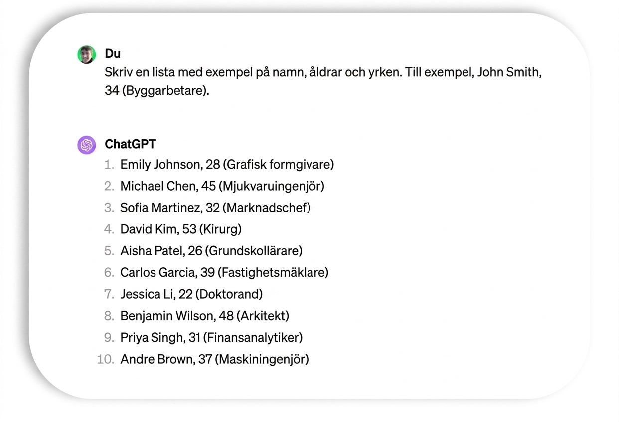 Prompt och svar med exempelnamn och yrken.