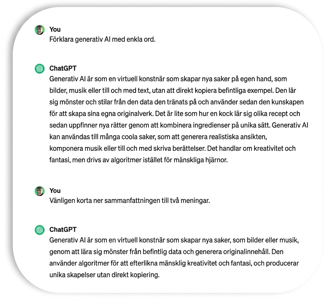 En tvåmeningarsförklaring av generativ AI producerad av ChatGPT.