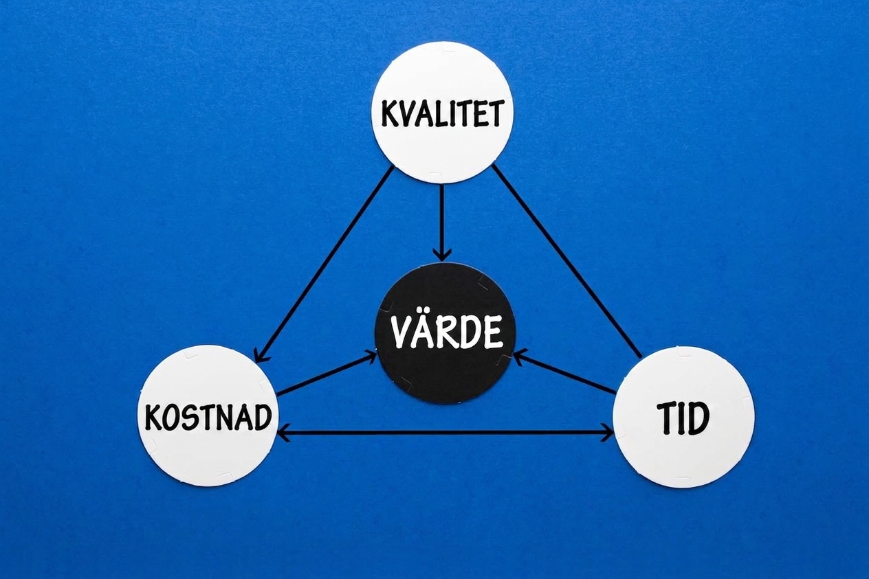 En värdetriangel med kvalitet, kostnad och tid i hörnen.