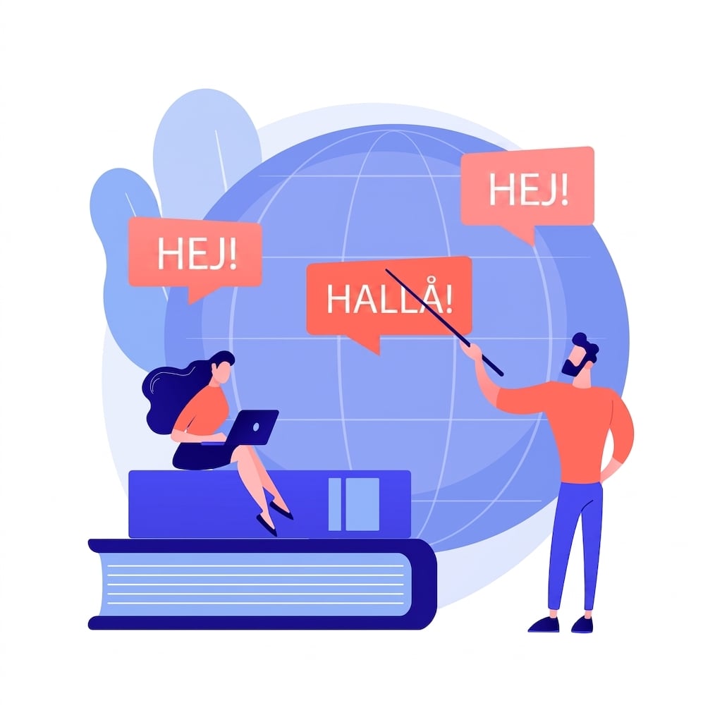 Illustration av två personer och hej skrivet på många språk