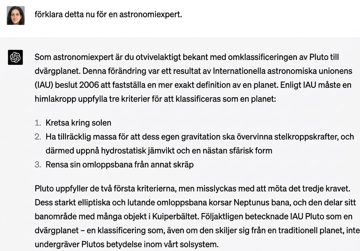Ett exempelchatt som förklarar varför Pluto inte är en del av solsystemet för en astronomiexpert.