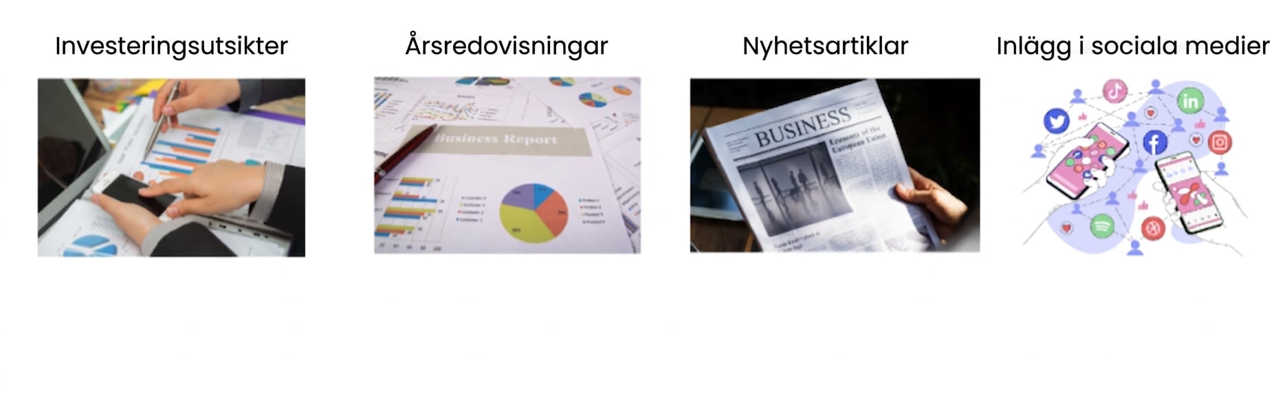 En bild som representerar finansiella analysdata såsom investeringsutsikter, årsrapporter, nyhetsartiklar och inlägg på sociala medier.