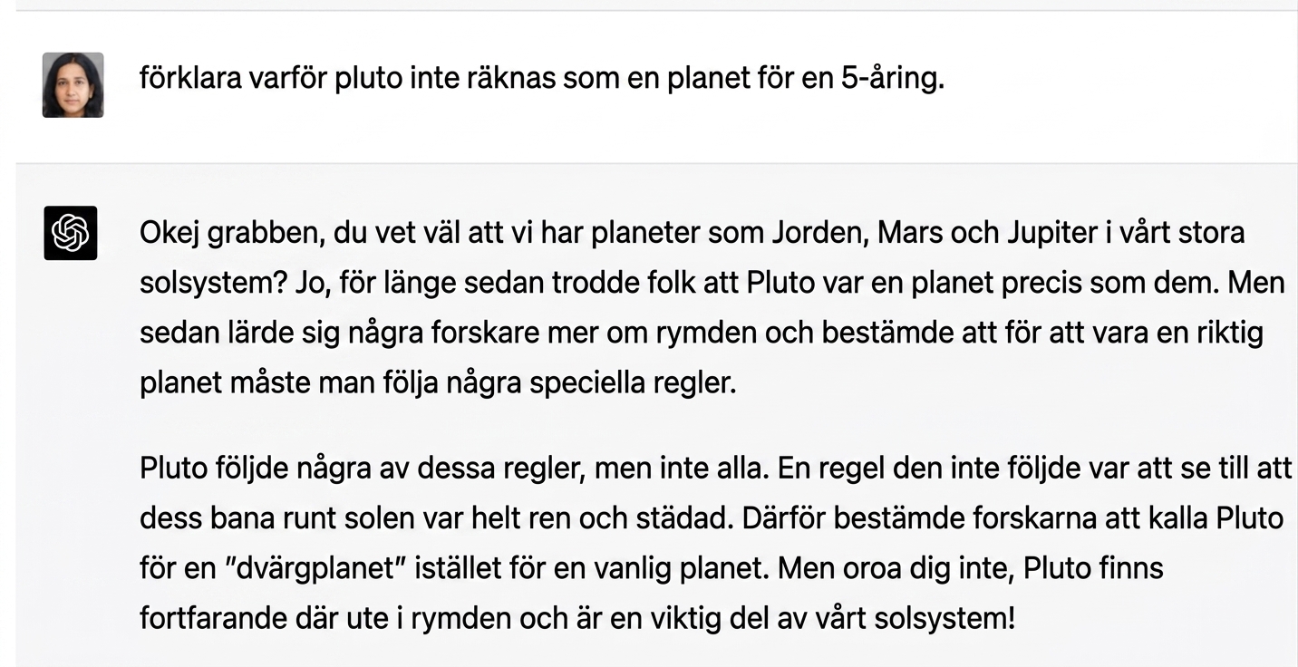 Ett exempelchatt som förklarar varför Pluto inte är en del av solsystemet för ett 5-årigt barn.