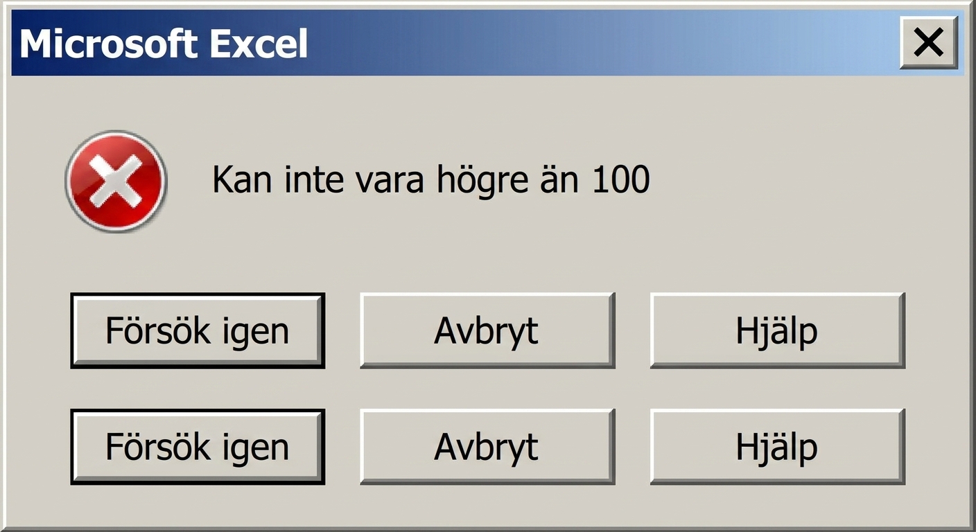 Exempel på en datavalideringsregel för kolumnen med testpoäng, där endast värden mellan 0 och 100 accepteras.