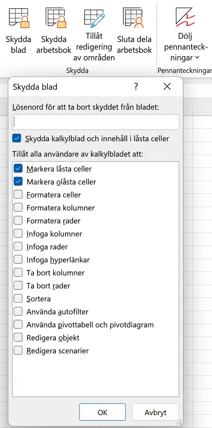 Dialogrutan Skydda blad