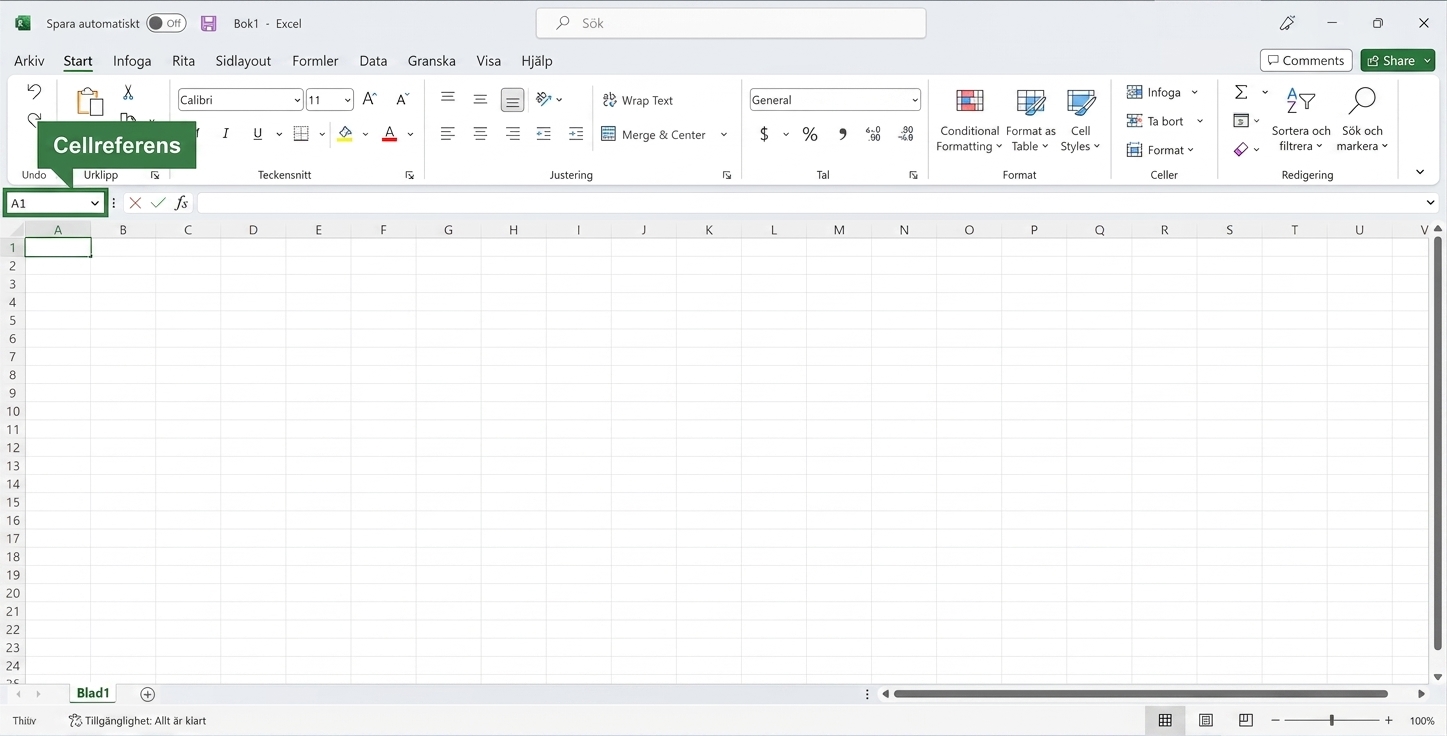 Excel-fil med cellreferensen markerad