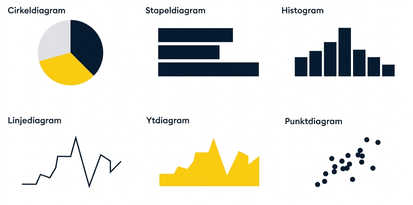Visuell representation av cirkeldiagram, stapeldiagram, histogram, linjediagram, ytdiagram och punktdiagram