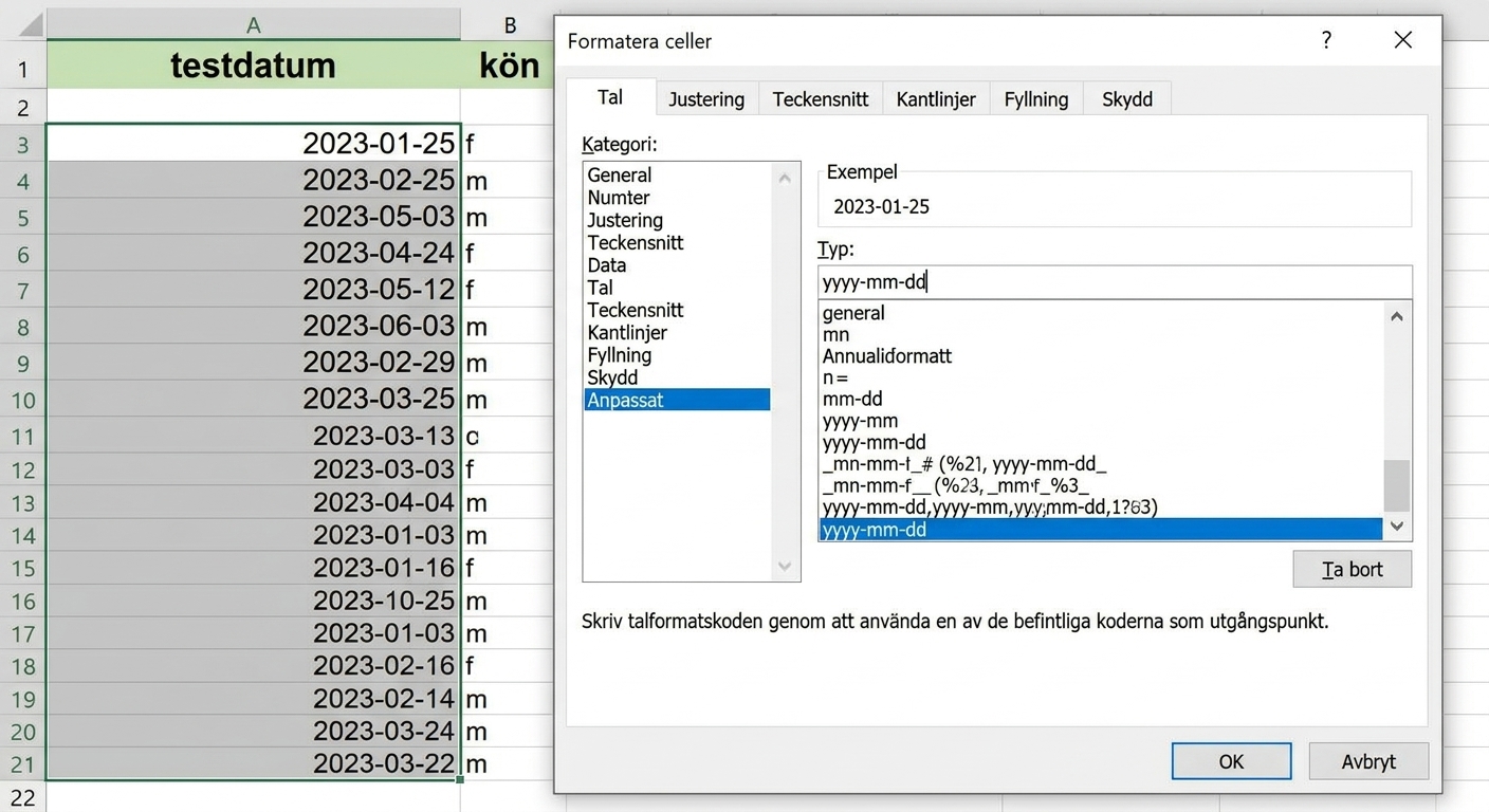 Skärmbild av testresultatdata där kolumnen test_date är markerad och formatet ändras till ett anpassat format